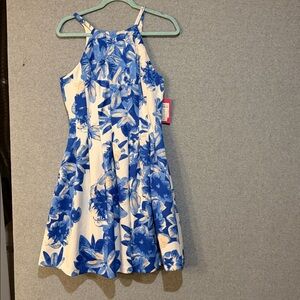 Vince Camuto Spring Pleated Flare & Fit Dress Blue Floral